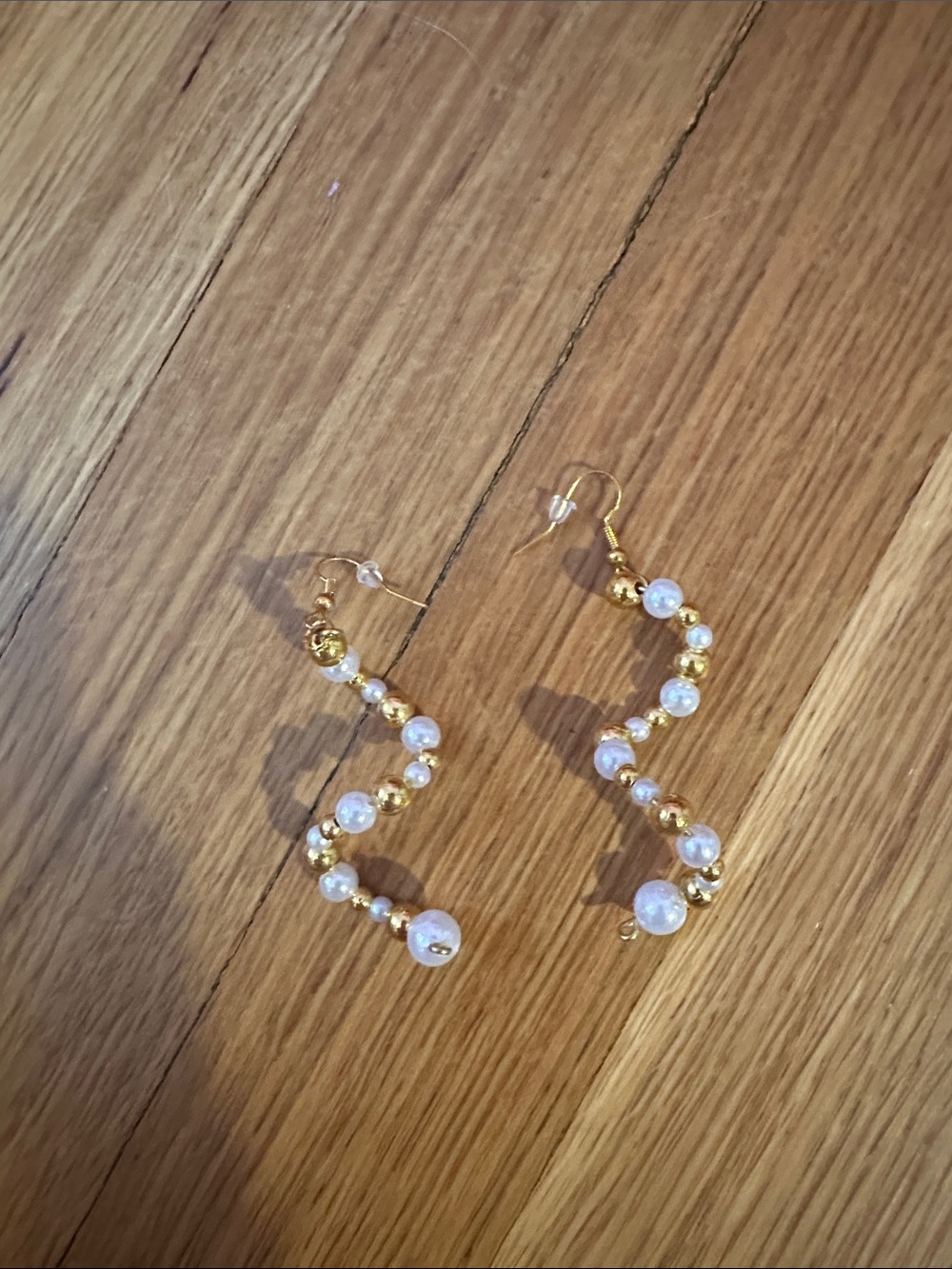 Gold and White Spiral Beaded Drop Earrings